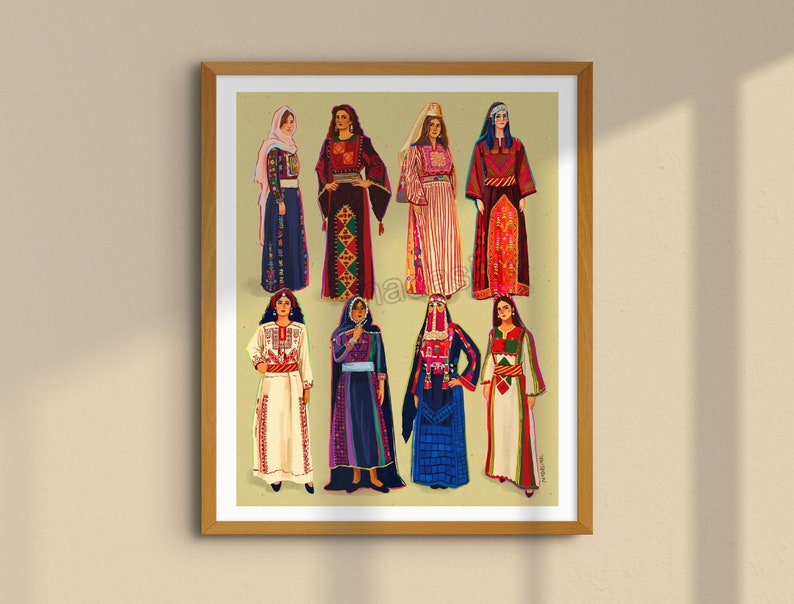 May include: A colorful illustration of nine women wearing traditional clothing from different Arab countries. The women are all wearing long dresses with intricate embroidery and head coverings. The illustration is set against a light background.