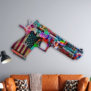 DESERT EAGLE USA - Quadro in alluminio ritagliato a forma di pistola gigante con i colori degli Stati Uniti d'America - Stile pop art street art