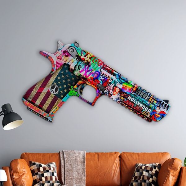 DESERT EAGLE USA - Tableau en aluminium découpé en forme de pistolet géant aux couleurs des Etats-unis d'Amérique - Style pop art street art