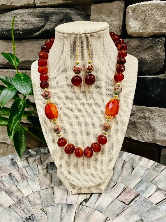 Carnelian and Cloisonné Necklace and Earrings Set, Faceted  display picture 1