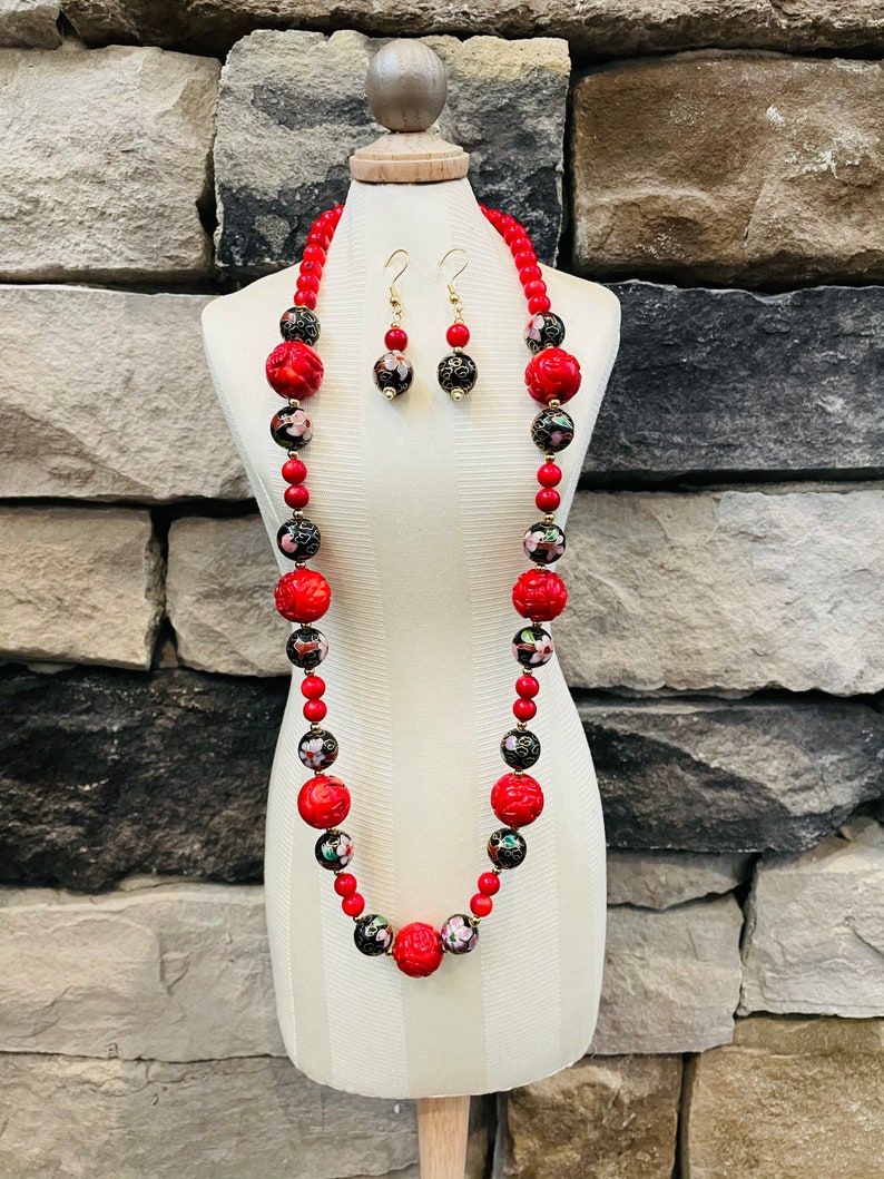 Bamboo Coral and Cloisonn\u00e9 Necklace and Earrings Set