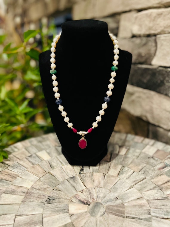 Ruby, Emerald, Sapphire, and Pearl Necklace