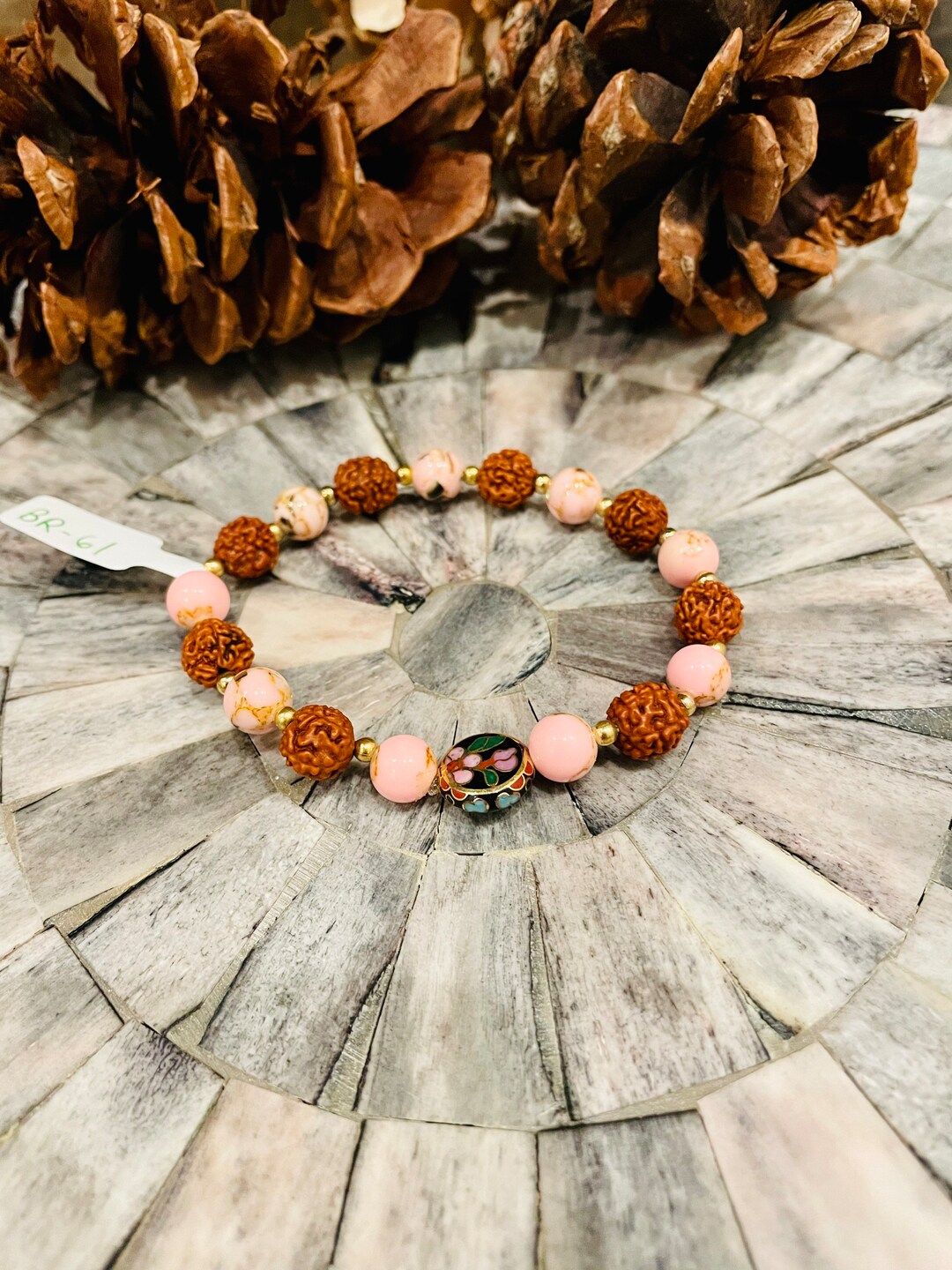 Rudraksha and Pink Howlite Bracelet, Handmade Jewelry, Pink and Brown ...