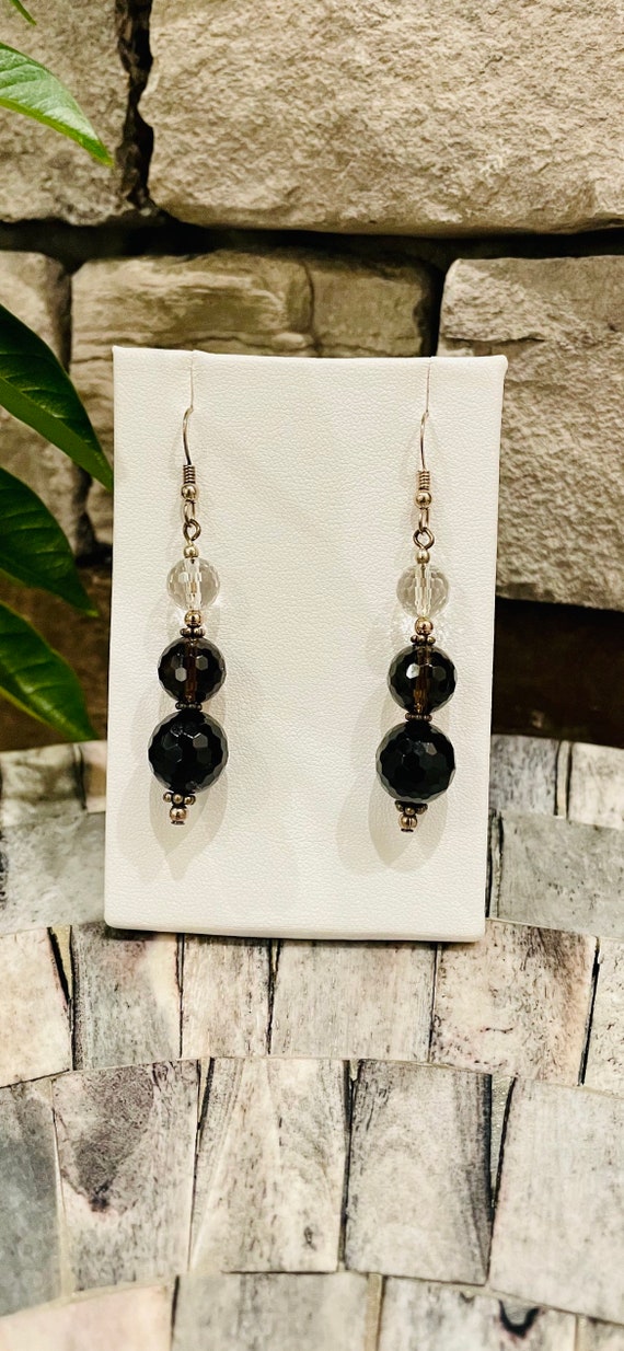 Faceted Black Onyx, Smokey Quartz and Crystal Earr