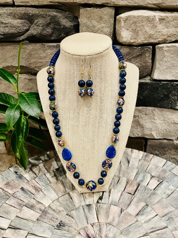 Lapis Lazuli and Crinkle Cloisonné Necklace and Ea