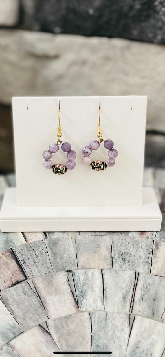 Sugilite and Cloisonné Hoop Earrings