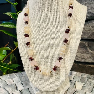 Rose Quartz, Moonstone and Garnet Necklace, Love, Destiny, Soulmates, Pink and Red Jewelry, Handmade Necklace, Healing Jewelry