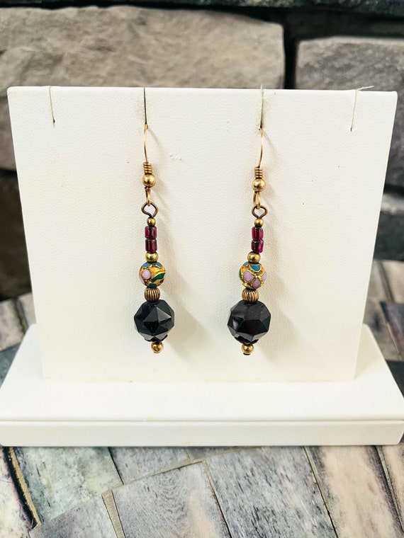 Faceted Garnet and Cloisonné Earrings