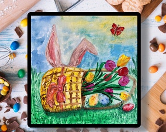 Easter Rabbit Painting Original Artwork Tulips Art Canvas Arts Acrylic Small Happy Wall Art Nursery Easter Banny Love Gift MargaryShopUSA