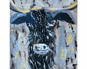 Bull Painting Cow Wall Art Original Canvas 3d Impasto Oil Gold Gray Artwork Abstract Western Cow Painting Modern Art Textured by MargarySUSA