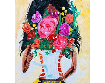 Flower Vase Girl Wall Art Original Art Canvas African American Woman Painting Floral Female w/flowers Roses Artwork by MargaryShopUSA