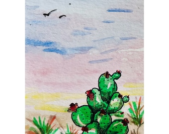 ACEO Cactus Painting Floral Original Art Watercolor Painting 3.5x2.5" Small Artwork Arizona Art Landscape Wall Flower Art by MargaryShopUSA