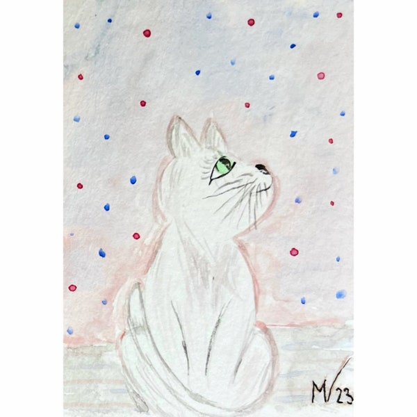Miniature Watercolor Art Original ACEO White Cat Painting by Margarita Voropay Card Artwork 3.5 x 2.5 in ATC cards Artwork by MargaryShopUSA