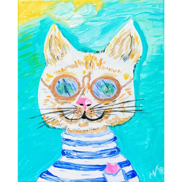 Hipster Cat Jacket Original Acrylic Painting Pet Portrait Art Ginger Cat Artwork Sunglass Funny Cat Portrait Stupell by Margarita Voropay