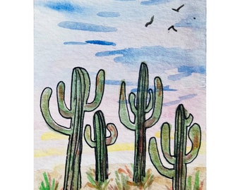 ACEO Cactus Painting Floral Original Art Watercolor Painting 3.5x2.5" Small Artwork Arizona Art Landscape Wall Flower Art by MargaryShopUSA