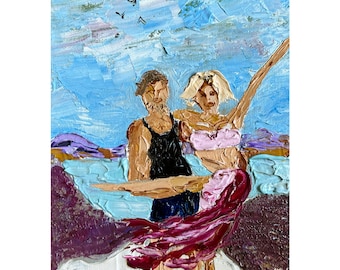 Loving Couple Painting Lake Original Art Oil 3D 5x7" Canvas Romantic Art Couple Wall Art Travel Las Vegas Painting Lovers Gift byMargarySUSA