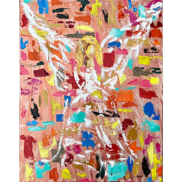 Angel Painting Colorful Original Art Abstract Happiness Artwork Fairy Oil Impasto Religious Unique Birthday Gif Multicoloured of Angels MSUS