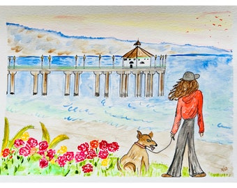 Woman Dog Beach Art Manhattan Beach Painting Original Watercolor Painting 9x12" Art Dog Walking Art Ocean Painting California by MargarySUSA