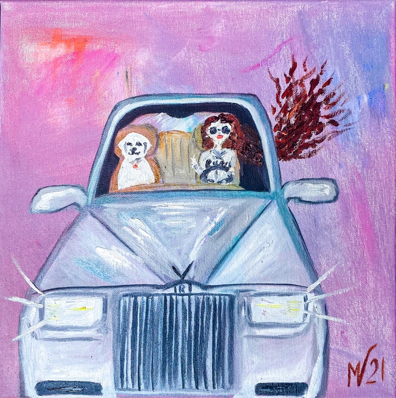 Woman & Dog Painting Car Art Oil ORIGINAL Artwork Canvas Wall Art 12