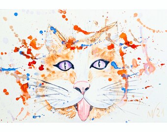 Cat Painting Funny Original Watercolor Art Orange Cat Pet Artwork Small Art Cat Lover Animal Painting Furry Friends Art by MargaryShopUSA