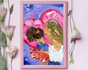 Mother & Daughter Painting Original Artwork 3D Purple Art Girls Wall Art Sisters Canvas Art Family Textured Motherhood Heart Love by MSUSA