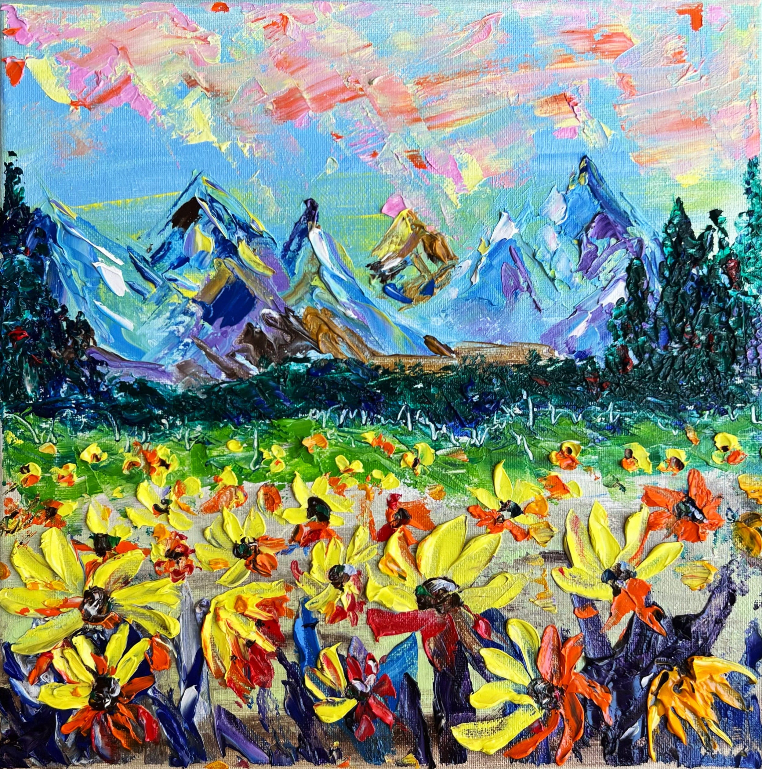 Field of Flowers -- Thick Texture Acrylic Painting, Impasto, w/Palette  Knife 