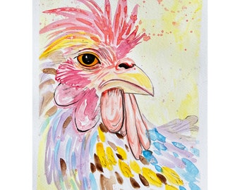 Rooster painting Original Chicken bird Artwork Animal Decor Modern 9"x12" Watercolor Decor Ideas for Your Home and Office by MargaryShopUSA