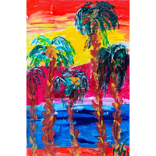 Beach Painting Palm Tree Original Art Trees Wall Art Canvas Impasto Painting Sunset Small Acrylic Art Tropical Beach Artwork Seascape by MV