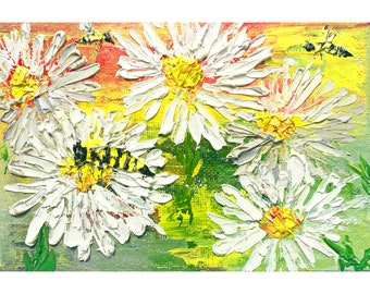 Daisy Painting Honeybee ORIGINAL Artwork Impasto Oil Painting Bee Art Canvas Insect Wall Art Small Floral Mini Flower by MargaryShopUSA