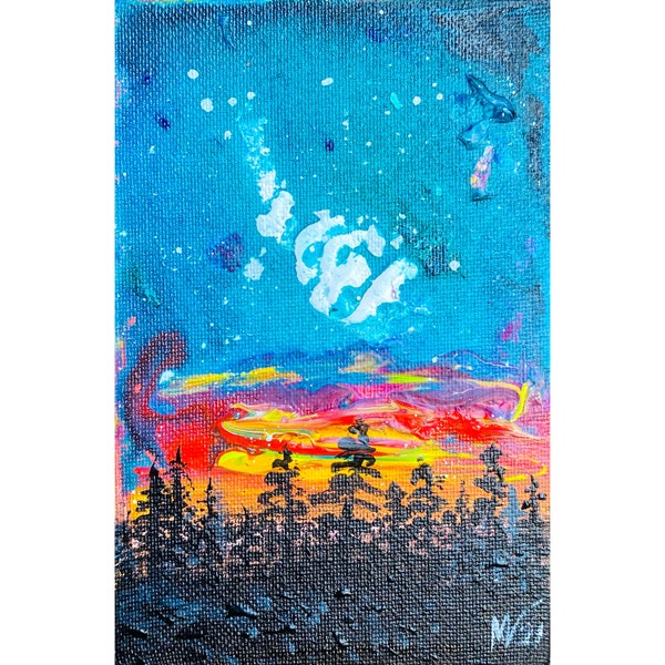 Northern Lights Painting Pine Tree Original Art Canvas Painting Fluid Artwork Trees Art Canadian Landscape Galaxy Rising Night Sky by MSUSA