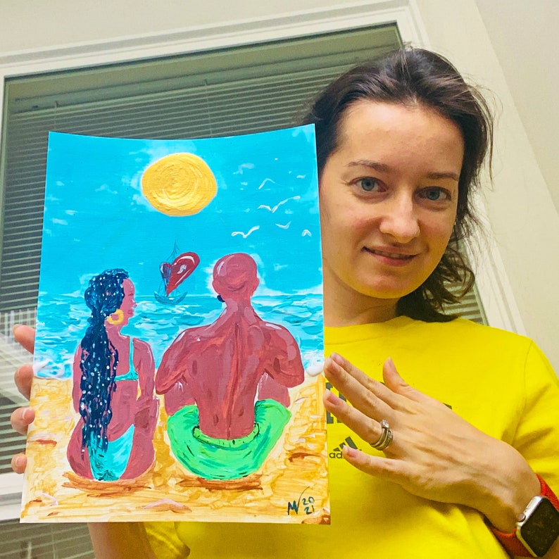 Loving Couple Painting Beach Original Art Couples Artwork Etsy