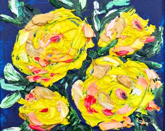 Roses Painting Yellow 3D Original Artwork Floral Art Impasto Oil Painting Canvas Roses Art 6 by 6 inches Flower Modern by MargaryShopUSA MV