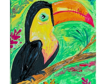 Toucan Painting Tropical Original Art Canvas Bird Artwork Tropical Wall Art Toucan Small Painting Exotic Bird Artwork by MargarySUSA Green