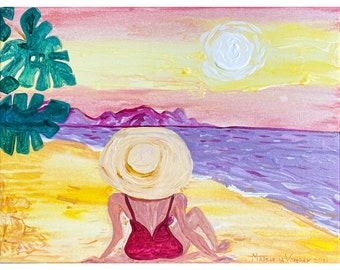 Woman at Beach Painting People Original Art Acrylic Canvas Ocean California Beach Art Summer Artwork Woman Big Hat Wall Art by MargarySUSA