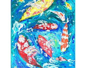 Painting of 9 Koi Fish Original Art Impasto Oil Painting Canvas Fish Artwork Koi Wall Art Palette Knife Modern Decor Pisces by MargaryShopUS