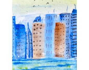 ACEO Original Watercolor Birds Card Artwork 3.5"x2.5" New York City Art Cityscape ATC cards Original Miniature Painting by MargaryShopUSA