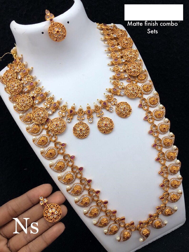 antique handmade temple jewelry combo set with paiseley/& lakshmi coin design detail in haram and necklace.traditional kemp stone inlay work.