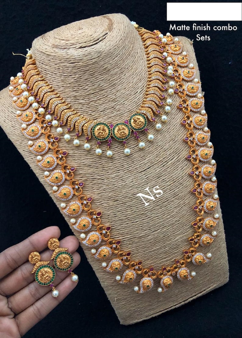 antique handmade temple jewelry combo set with paiseley/& lakshmi coin design detail in haram and necklace.traditional kemp stone inlay work.