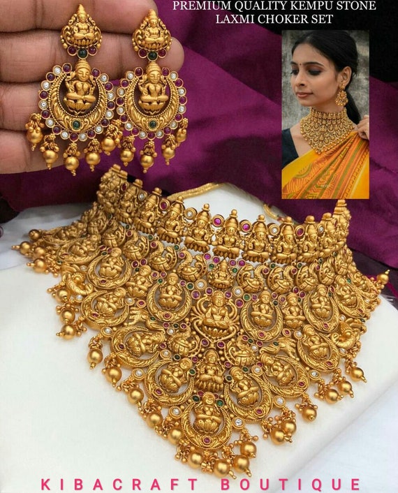 Regal temple jewelery kempu lakshmi bridal multi layer choker set for brides Neck spread with gold beads as embellishments.check details