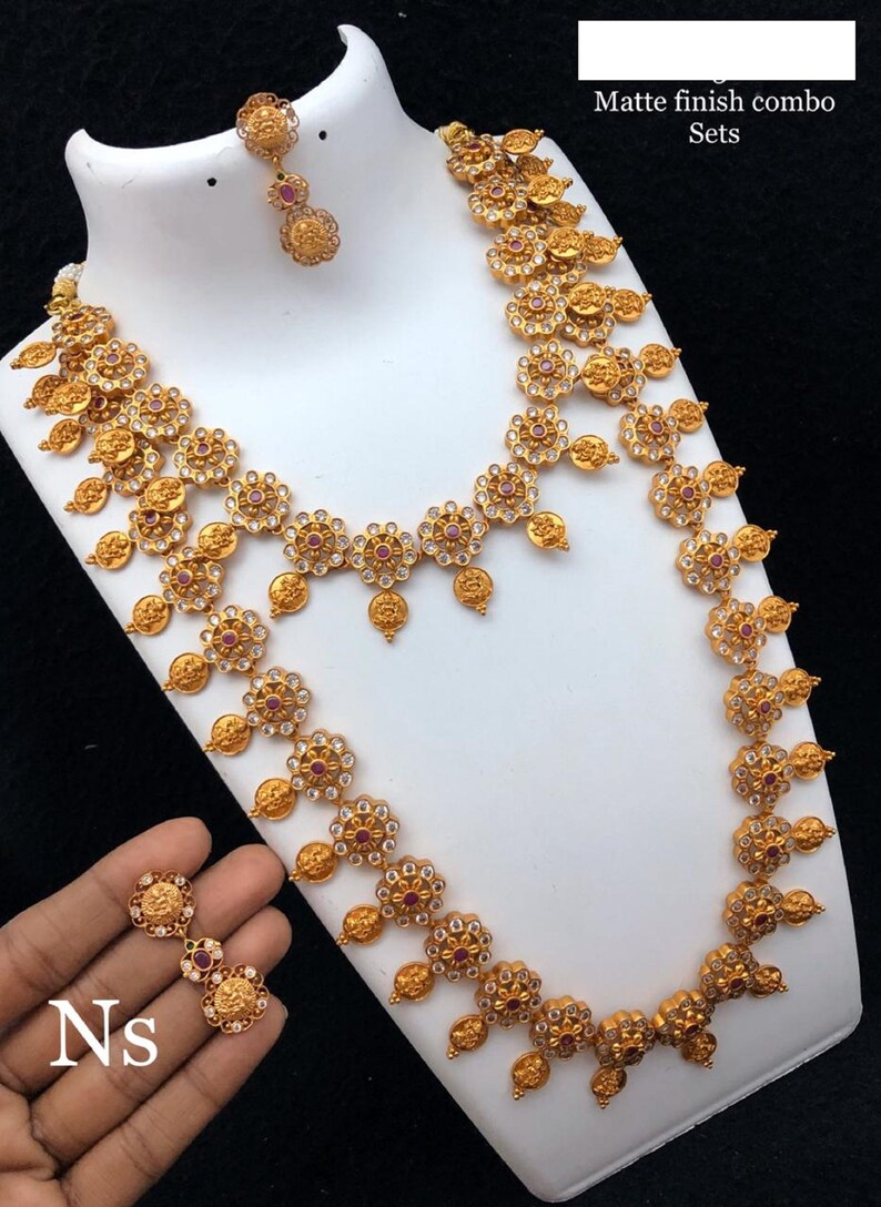 antique handmade temple jewelry combo set with paiseley/& lakshmi coin design detail in haram and necklace.traditional kemp stone inlay work.