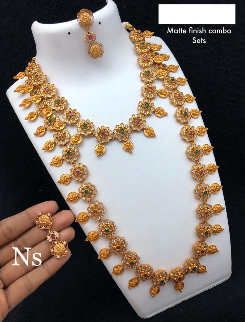 antique handmade temple jewelry combo set with paiseley/& lakshmi coin design detail in haram and necklace.traditional kemp stone inlay work.