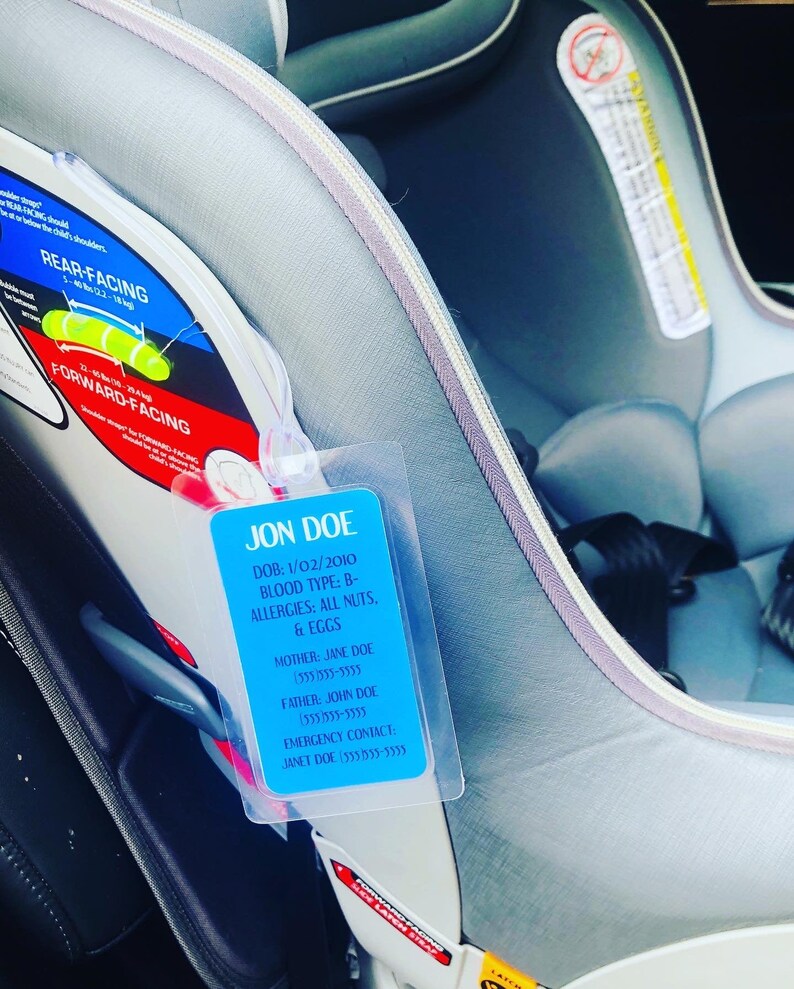 Car Seat Tag Kid's Emergency Information Kid's | Etsy