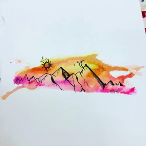 Mountain Moon and Sun Watercolor Art 8x8&quot; Print