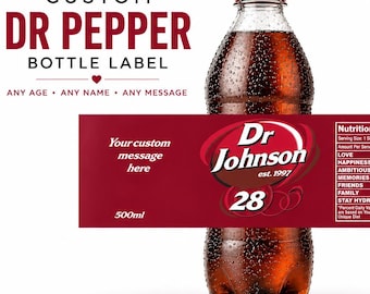 Bedrukte Dr Pepper verjaardagssticker met naam, kinderverjaardag, Gen Z verjaardag frisdranklabel - voor elke leeftijd