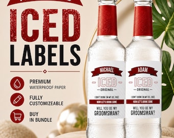 May include: Two clear glass bottles with red caps and personalized white labels. The labels feature the names Michael and Adam, the text ICED ORIGINAL, and the question WILL YOU BE MY GROOMSMAN? in red and black lettering on a white background.