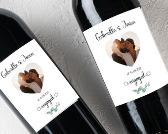 Photo Wine Label Gift for Engaged Couple, Custom Engagement Bottle Label, Wedding Wine, Engagement Gift, Photo Sticker, Eucalyptus, Wedding