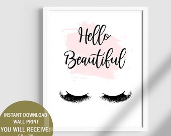 Hello Beautiful Wall art Print Sign, Eye Lashes Fashion Print, Blush Pink Art, Fashion Wall Art, Girls Bedroom Decor - INSTANT DOWNLOAD