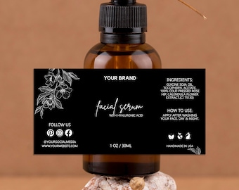 Custom Cosmetic Labels, Dropper Bottle Label Design Template, Wrap Product Labeling, Skincare, Beauty