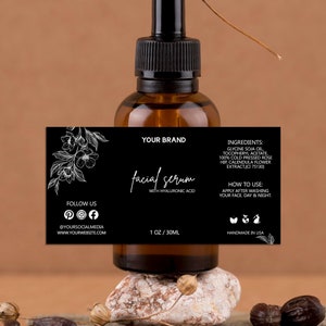 Custom Cosmetic Labels, Dropper Bottle Label Design Template, Wrap Product Labeling, Skincare, Beauty