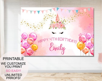 May include: Printable pink and gold unicorn birthday backdrop with balloons and the text "HAPPY 4TH BIRTHDAY! Emily".